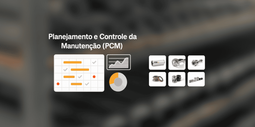 Calendário ilustrando Planejamento e Controle da Manutenção (PCM) com gráficos de indicadores industriais